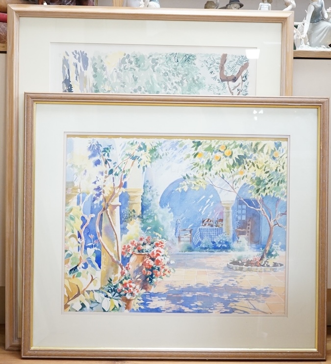 Hazel Soan (b.1954), watercolour, Courtyard with dappled sunlight, signed, together with a colour print, 'Seapenny, Gateway II', artist's proof, largest 55 x 71cm. Condition - good